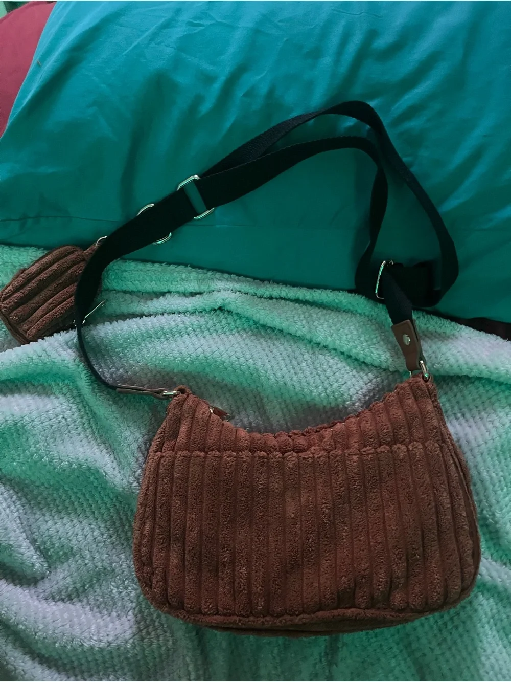 Brown Corduroy Shoulder Bag with Wide Black Strap